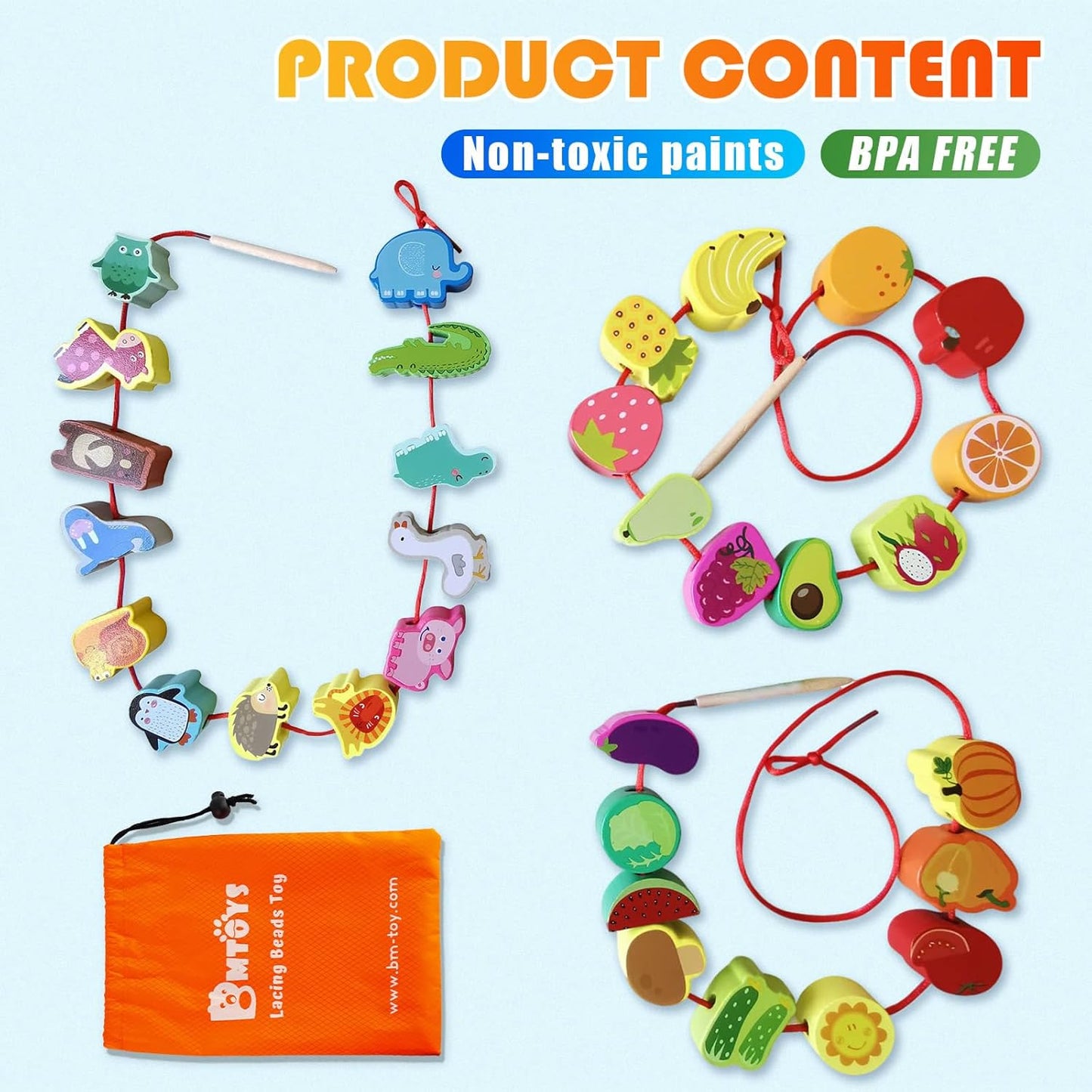 BMTOYS Montessori Educational Threading Toys Wooden Stringing Farm Animals Fruits Lacing Beads Preschool Toy for Toddler 3 4 5 Year Old Boys Girls