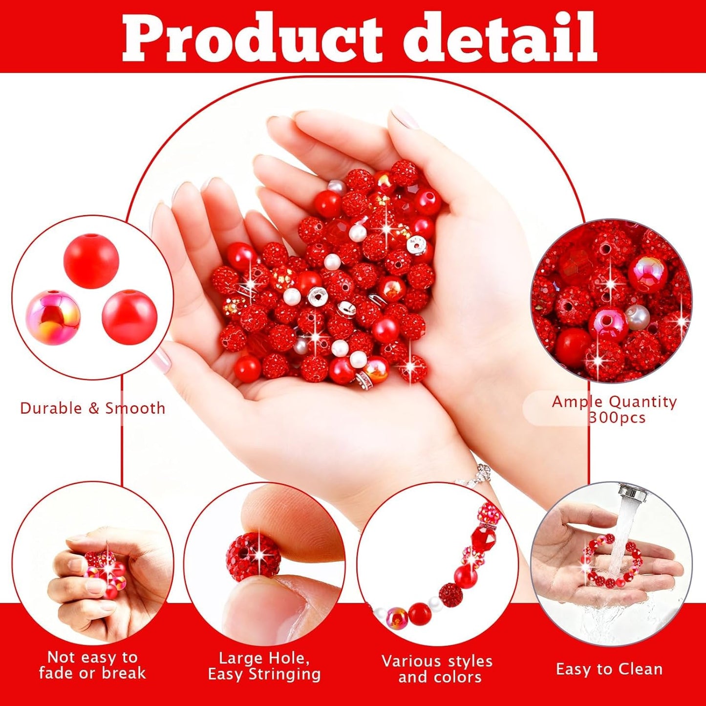 300 Pcs Diamonds Beads for Jewelry Making, Included 10 mm Red Rhinestone Beads for Bracelets, Bubblegum Bead for Pen Making, Pearl and Spacer Bead for Bracelet Necklace Earring Crafting