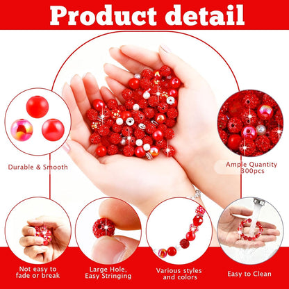 300 Pcs Diamonds Beads for Jewelry Making, Included 10 mm Red Rhinestone Beads for Bracelets, Bubblegum Bead for Pen Making, Pearl and Spacer Bead for Bracelet Necklace Earring Crafting