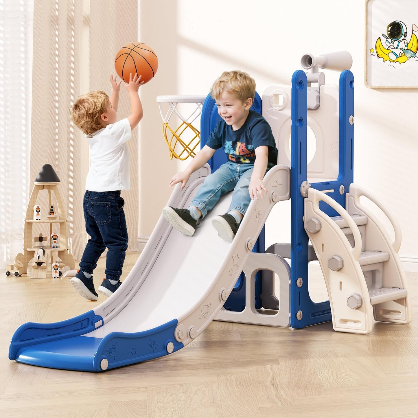 Babytronic Toddler Slide, 6 in 1 Kids Indoor Slide for Toddlers 1-3, Baby Indoor and Outdoor Climber Playset, Kids Slide with Basketball Hoop and Telescope, Toddler Outdoor Playground (Blue&Yellow)
