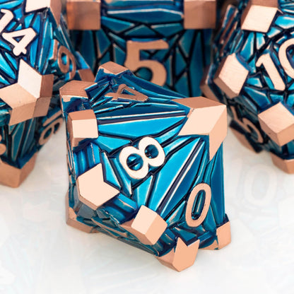 7PCS Metal DND Dice Set with Box, Debris RPG Blue White D and D Dice for D&D Tabletop Games Role Playing Game Polyhedral Dice Set D20 D12 D10 D8 D6 D4