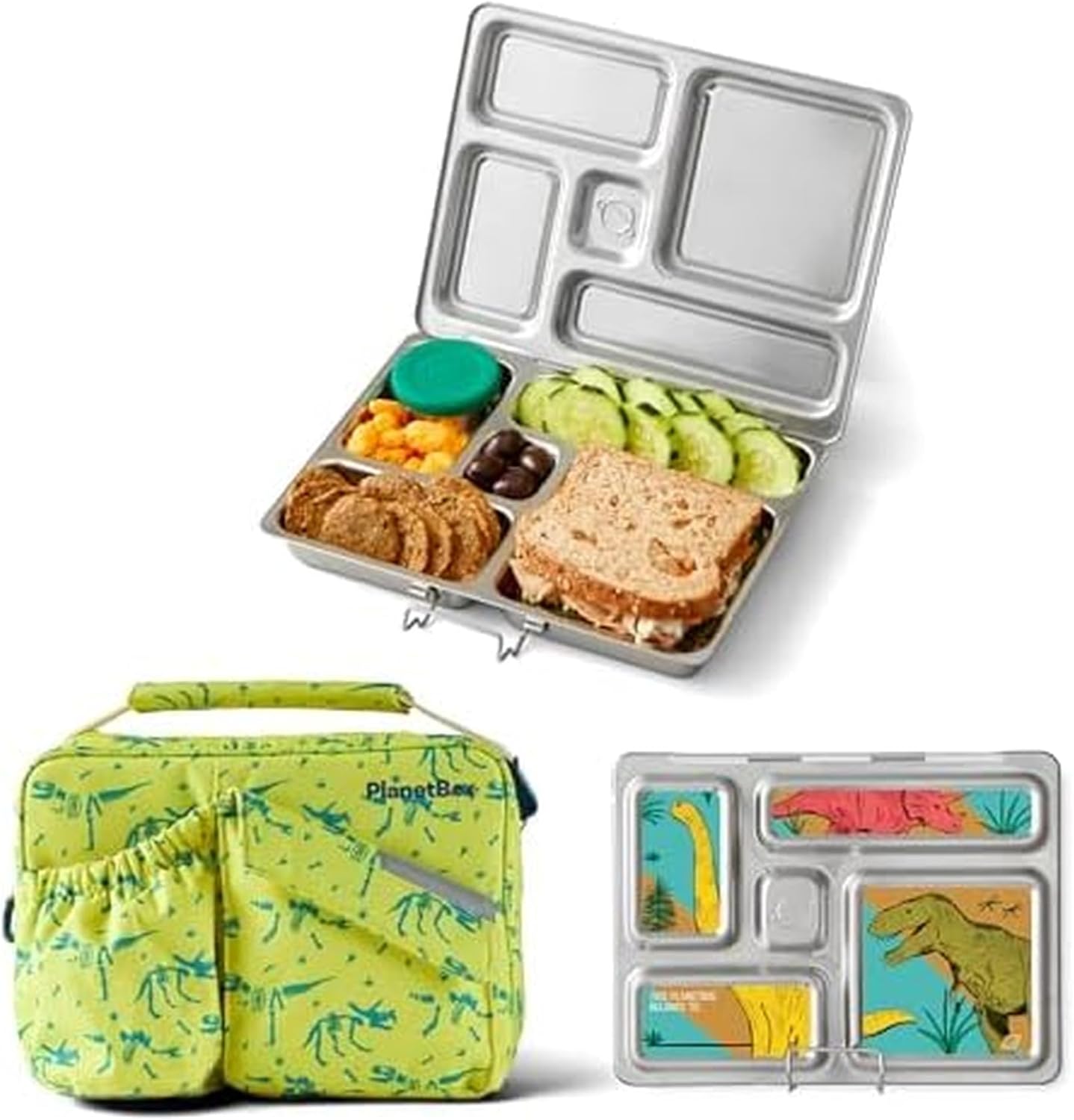 PlanetBox Rover Stainless Steel Bento Box Style Lunch Box Kit for Youth with 5 Compartments – Butterflies Edition includes Insulated Lunch Bag, Leakproof Food Containers & Matching Magnets