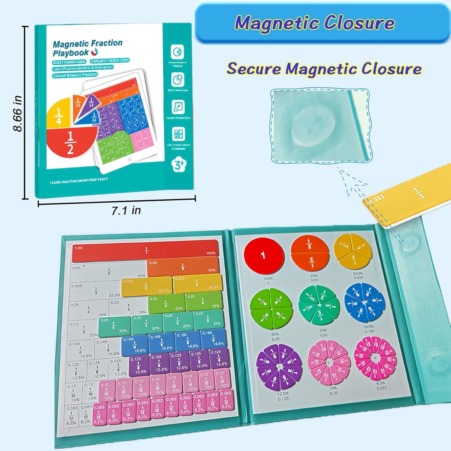 Magnetic Fraction Demonstration Book, Math Manipulatives for Elementary School, Homeschool & Classroom Supplies