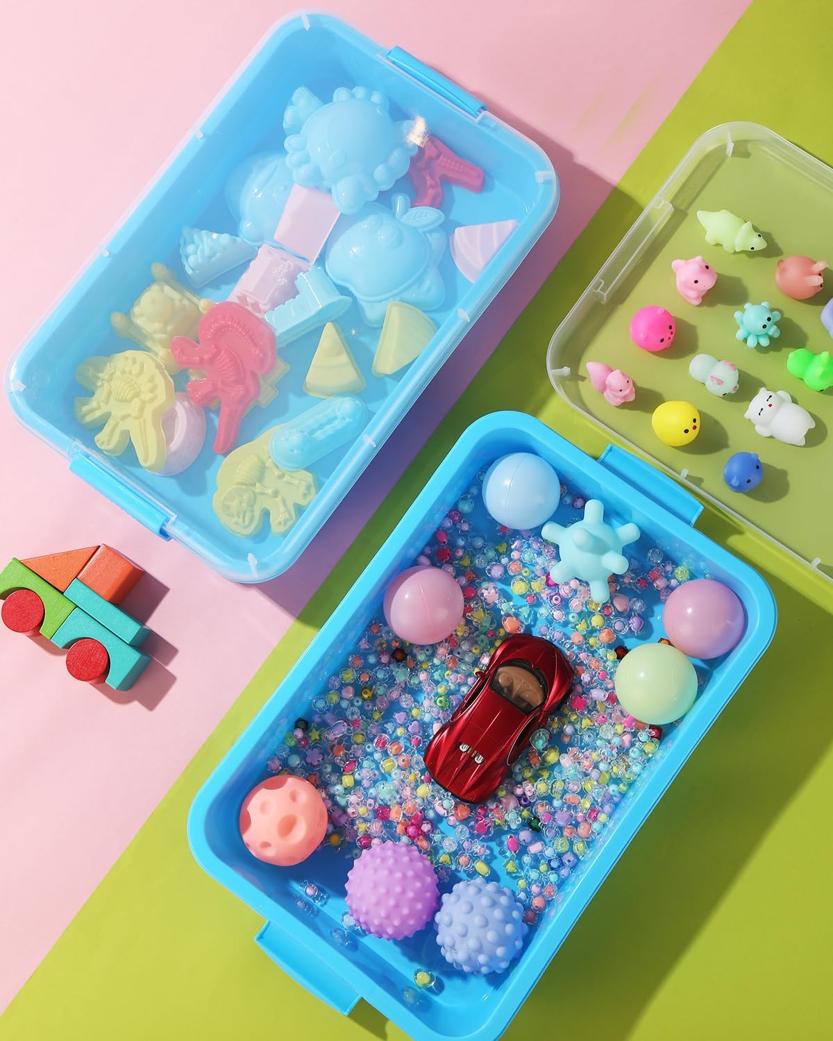 Sensory Bin Sand Tray with Lid for Toddlers 2 Pcs 15in Portable Sandbox Toy Large Plastic Tray for Kids 3 4 5 6 Fill with Sand, Water, Beads, and More (Green+Blue)
