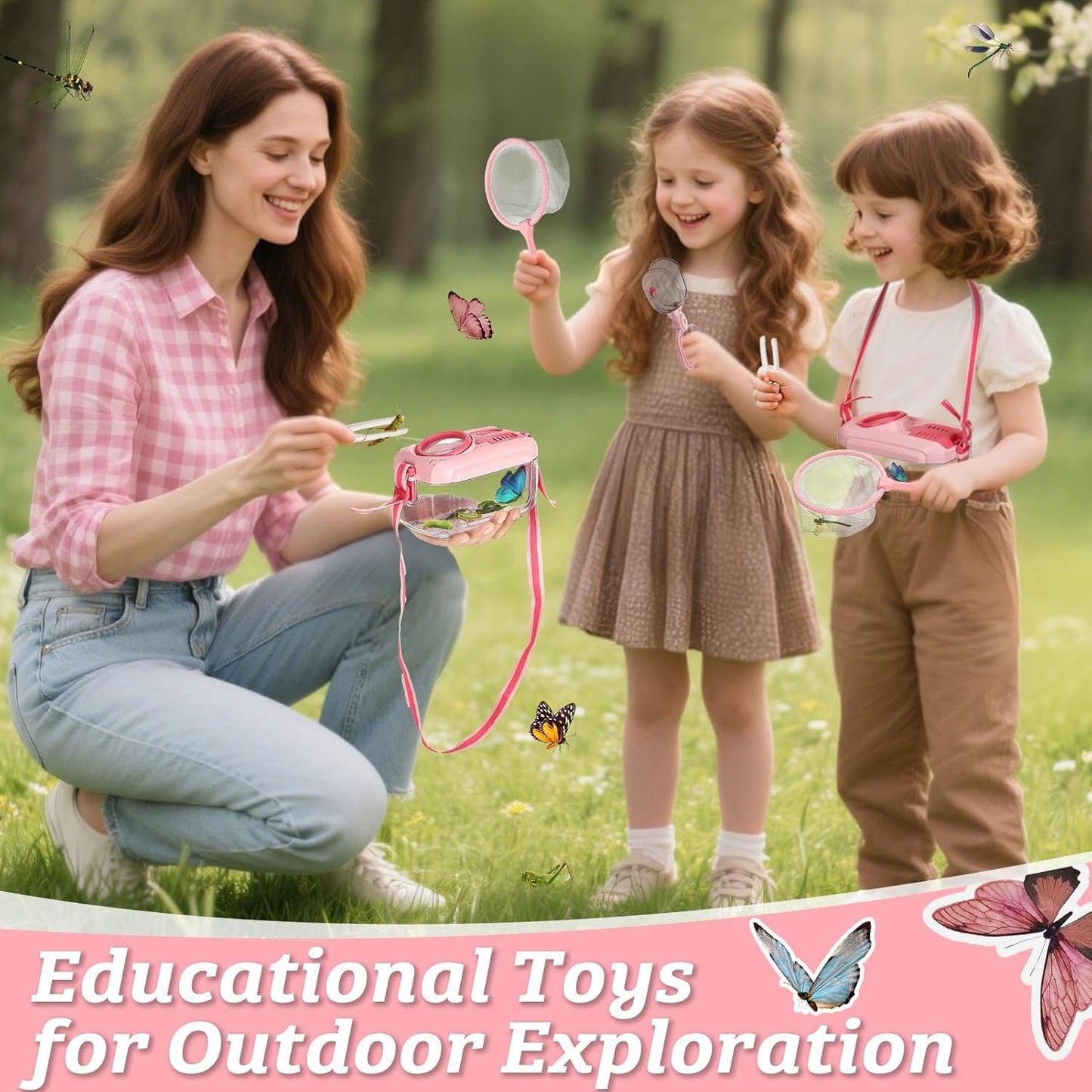 2 Set Bug Catcher for Kids- Educational Bug Catching Kit Including Butterfly Net, Insect Clip, Tweezer, Outdoor Toys for Kids Ages 3-10 (Pink & Green)