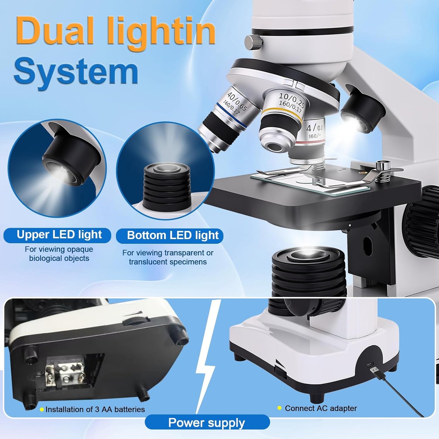 Microscope for Kids & Adults, 40X-2500X High-Power Compound Microscope for Students, School Lab & Home Schooling,Features Prepared Slides & Phone Holder