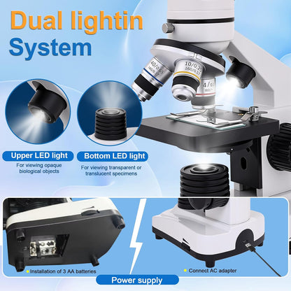 Microscope for Kids & Adults, 40X-2500X High-Power Compound Microscope for Students, School Lab & Home Schooling,Features Prepared Slides & Phone Holder