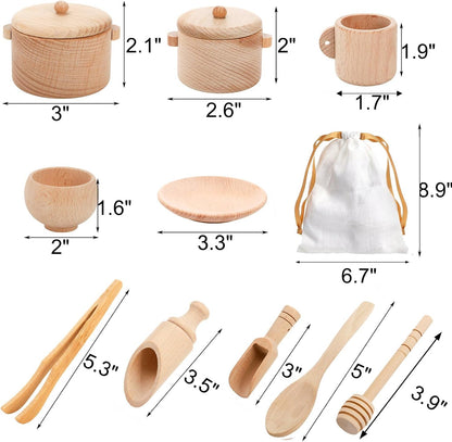 Hiceeden Set of 11 Wooden Sensory Bin Tools for Kids, Sensory Scoops and Tongs Toys with Bag, Waldorf Montessori Toys for Fine Motor Skill Learning