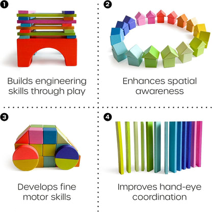 Quiggly Montessori Wooden Rainbow Building Blocks Set | 68-Piece Educational STEM Toy for Toddlers | Includes Storage Box with Carry Handles | Ideal for Ages 12-48+ Months (Wooden Storage Box)