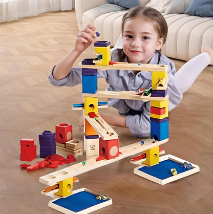 Hape Wooden Quadrilla Marble Run Music Motion Construction with Instruction| 97-Piece STEM Educational Learning Toys for Kids