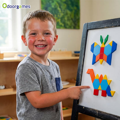 96 Pcs Magnetic Pattern Blocks & Large Shape Magnets Set – Tangram Puzzle, Geometric Shapes, Whiteboard Magnets, Math Manipulatives for Kids Learning