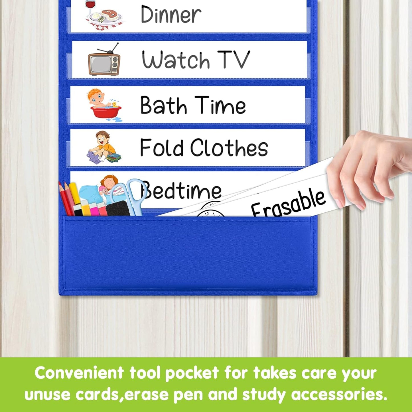 Eamay Daily Schedule Pocket Charts, Teaching Chart, Hoom, Eamay Daily Scheduling Pocket Chart with 13+1 Pockets, 18pcs Dry Erase Cards and 2 Hooks (Black-2)