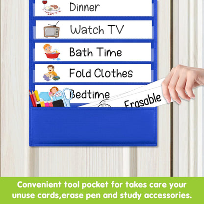 Eamay Daily Schedule Pocket Charts, Teaching Chart, Hoom, Eamay Daily Scheduling Pocket Chart with 13+1 Pockets, 18pcs Dry Erase Cards and 2 Hooks (Black-2)