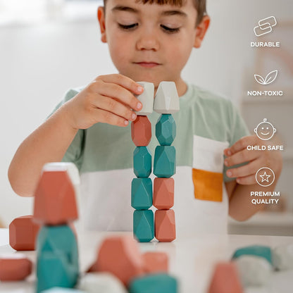 Comfy Cubs Stacking Rocks 36 Pieces, 36 Months+, Educational Toddler Stacking Blocks, Promotes Imagination, Balance & Fine Motor Skills - Wooden Rocks Sensory Toys Gift for Kid, Neutral Pack