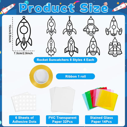32 Sets Outer Space Suncatchers Craft Kit DIY Window Stained Glass Effect Planet Astronaut Alien Paper Crafts Home School Classroom Decoration Kid Birthday Gift Creative Art Project Activity Game - Colors A