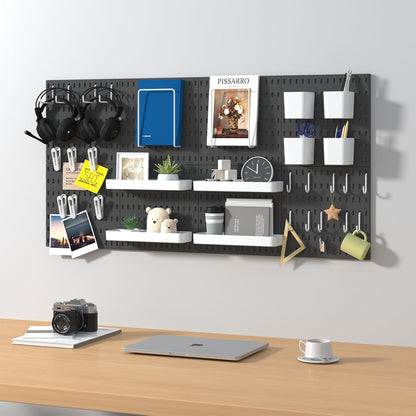 Pegboard Combination Kit, 8 Peg Boards and 30 Accessories Modular Hanging Black Pegboard for Walls, Office Wall Organizer, Keys Holder on Wall, Nursery Storage, 44"x22" Black