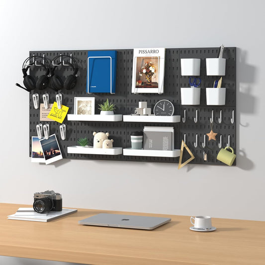 Pegboard Combination Kit, 8 Peg Boards and 30 Accessories Modular Hanging Black Pegboard for Walls, Office Wall Organizer, Keys Holder on Wall, Nursery Storage, 44"x22" Black