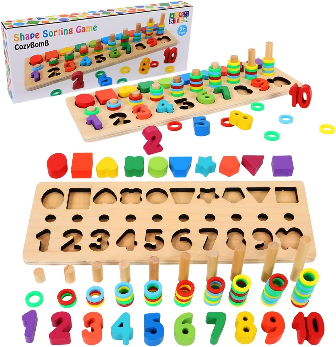 CozyBomB™ Educational Montessori Toys for 1 Year Old Toddlers - Wooden Puzzles Blocks Number Stacking Preschool Learning Activities Shape sorter Math Game Counters Baby Kids Ages 3 4 5 Years Old