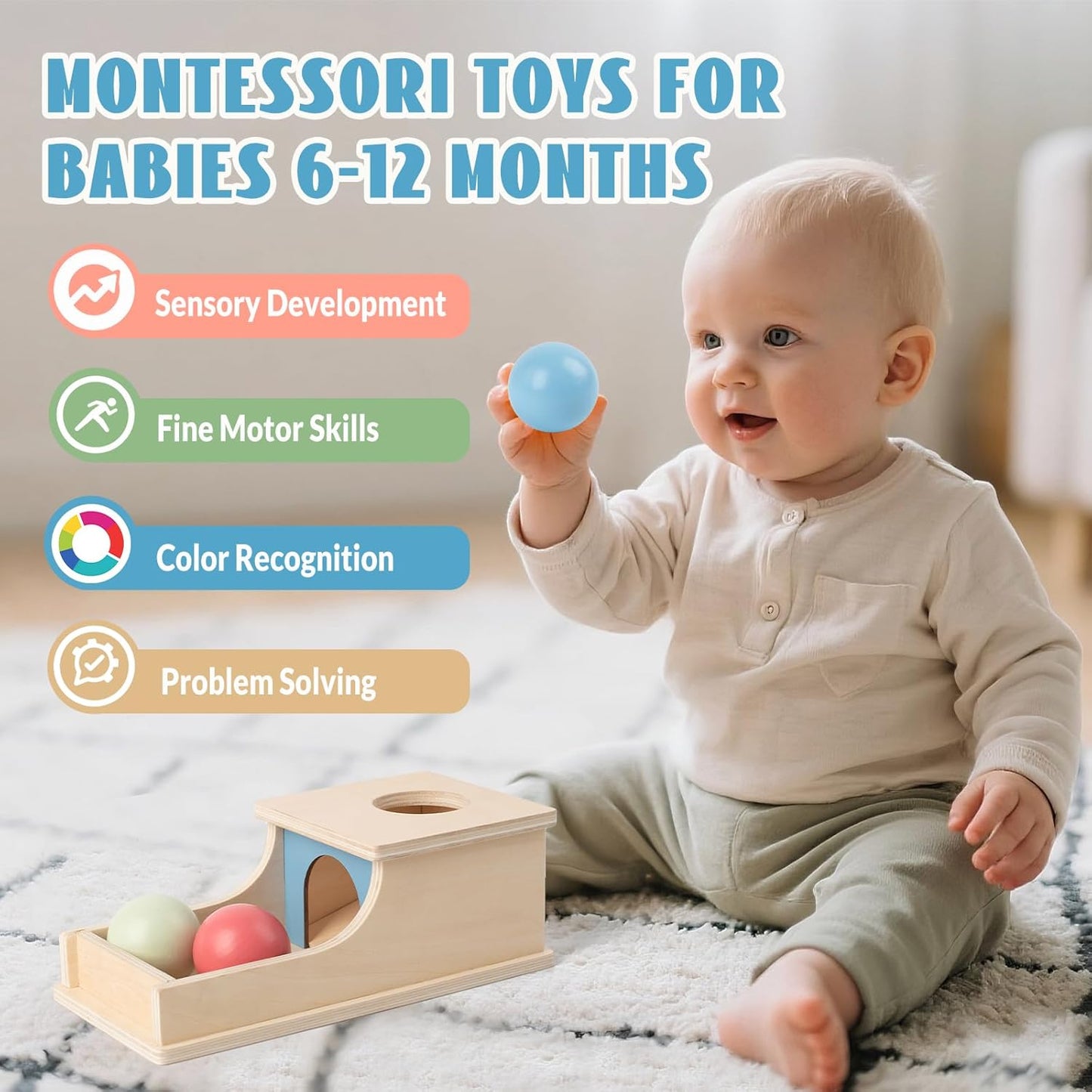 Busy edition Montessori Toys for Babies 6-12 Months Object Permanence Box Wooden Ball Drop Toy Play for 6 Month 1 2 3 Year Old Toddlers Infant Early Age Toy