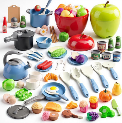 130Pcs Kitchen Playset, Toddler Pretend Cooking Play Pots, Pans, Utensils Cookware, Daily Food Fruit Veges, Shopping Storage Basket, Dessert, Prop Money, Learning Gift for Child (Pink)