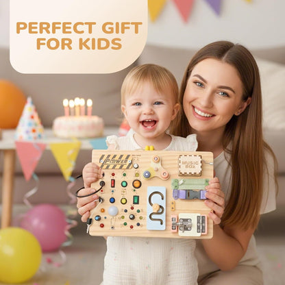 Sanlebi LED Busy Board for Toddlers 1-3,Montessori Toy with Key Switch, Light Up Wood Activity Sensory Board for Fine Motor Skills, Educational Travel Toy Gift for 1 2 3 Year Old Boys Girl