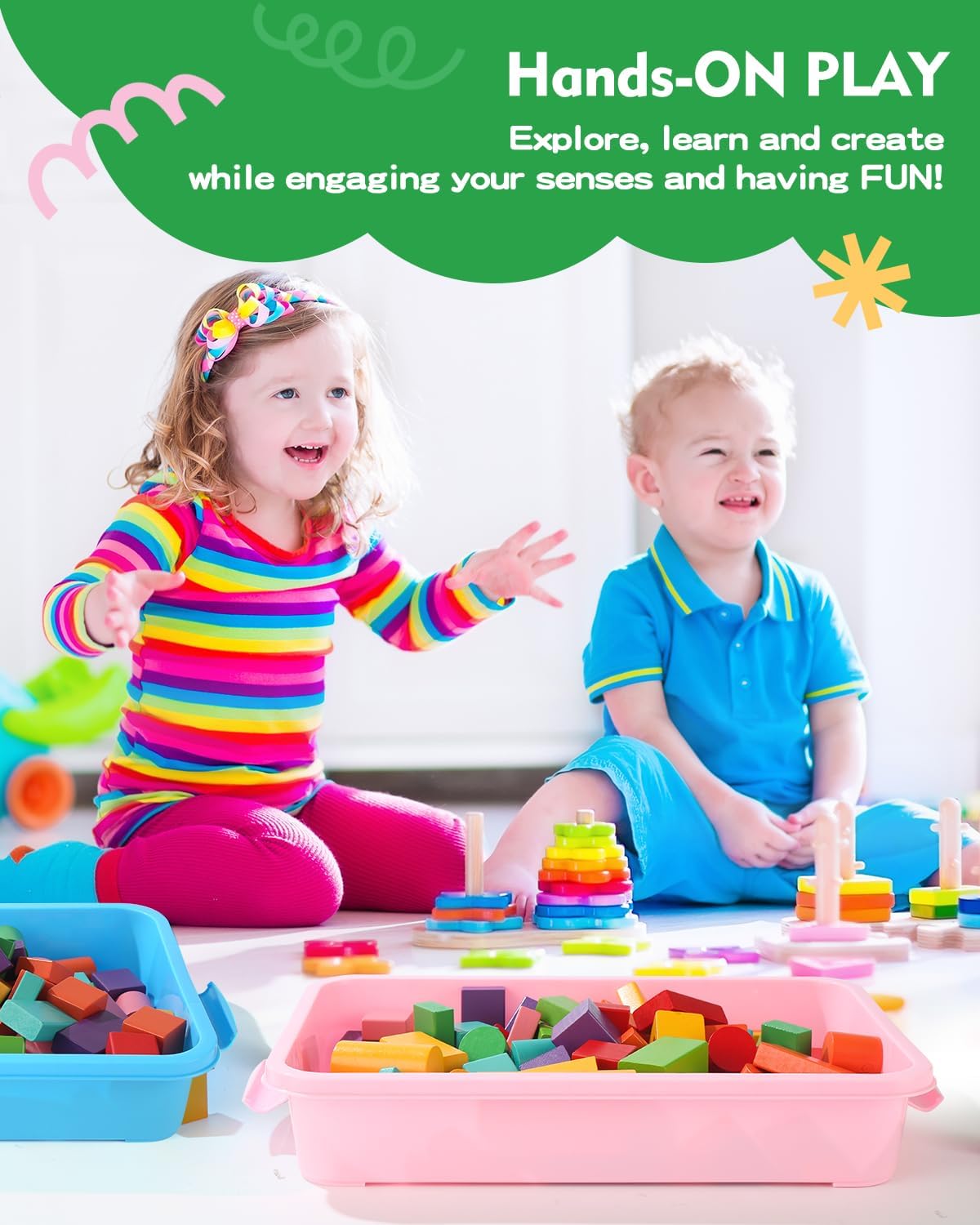Sensory Bin Sand Tray with Lid for Toddlers 2 Pcs 15in Portable Sandbox Toy Large Plastic Tray for Kids 3 4 5 6 Fill with Sand, Water, Beads, and More (Green+Blue)