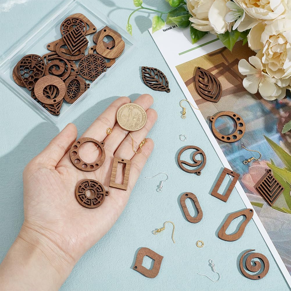 Wooden Dangle Earring Making Kit for Jewelry Making with 48Pcs 8 Western Style Wooden Colorful Pendants Teardrop Charms 48Pcs Earring Hook 100Pcs Jump Rings Gold Silver