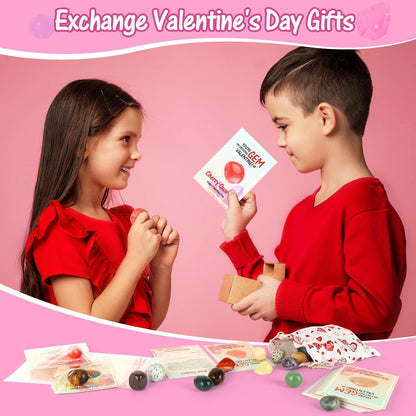 Gifts for Kids - 28 Pack Exchange Cards & Natural Gemstone Crystals Rocks Minerals Bulk,Cards for Boys Girls Classroom Party Favors