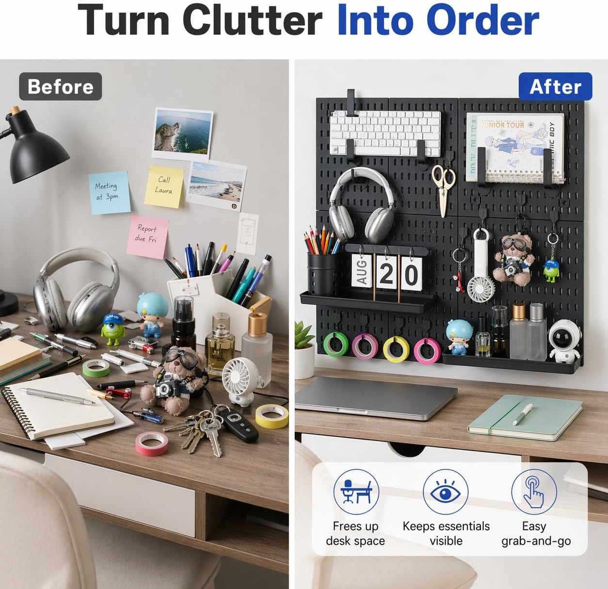 Pegboard Wall Organizer Kit – Heavy Duty 20lbs Load Bearing, Easy Installation, 4 Peg Board Panels 14 Accessories – Multi-Surface Use For Garage, Office, Kitchen & Crafts (White Pegboard,24″×24″)