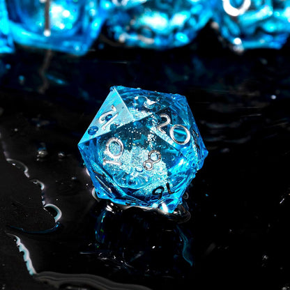 Liquid Core DND Dice Set, 7pcs Sharp Edge Dice for Role Playing Dungeons and Dragons Ttrpg with Gift Box, Handmade Resin D&D Dice RPG Role Playing Games Dice Set(Blue Gold)