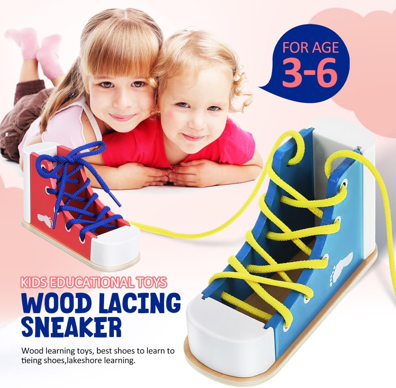 STOBOK 2pcs Learn to Tie Shoes for Kids with Wooden Lacing Sneaker Toy Tie-Up Shoe Practice Kit Threading Montessori Educational Toys (Blue + Pink)