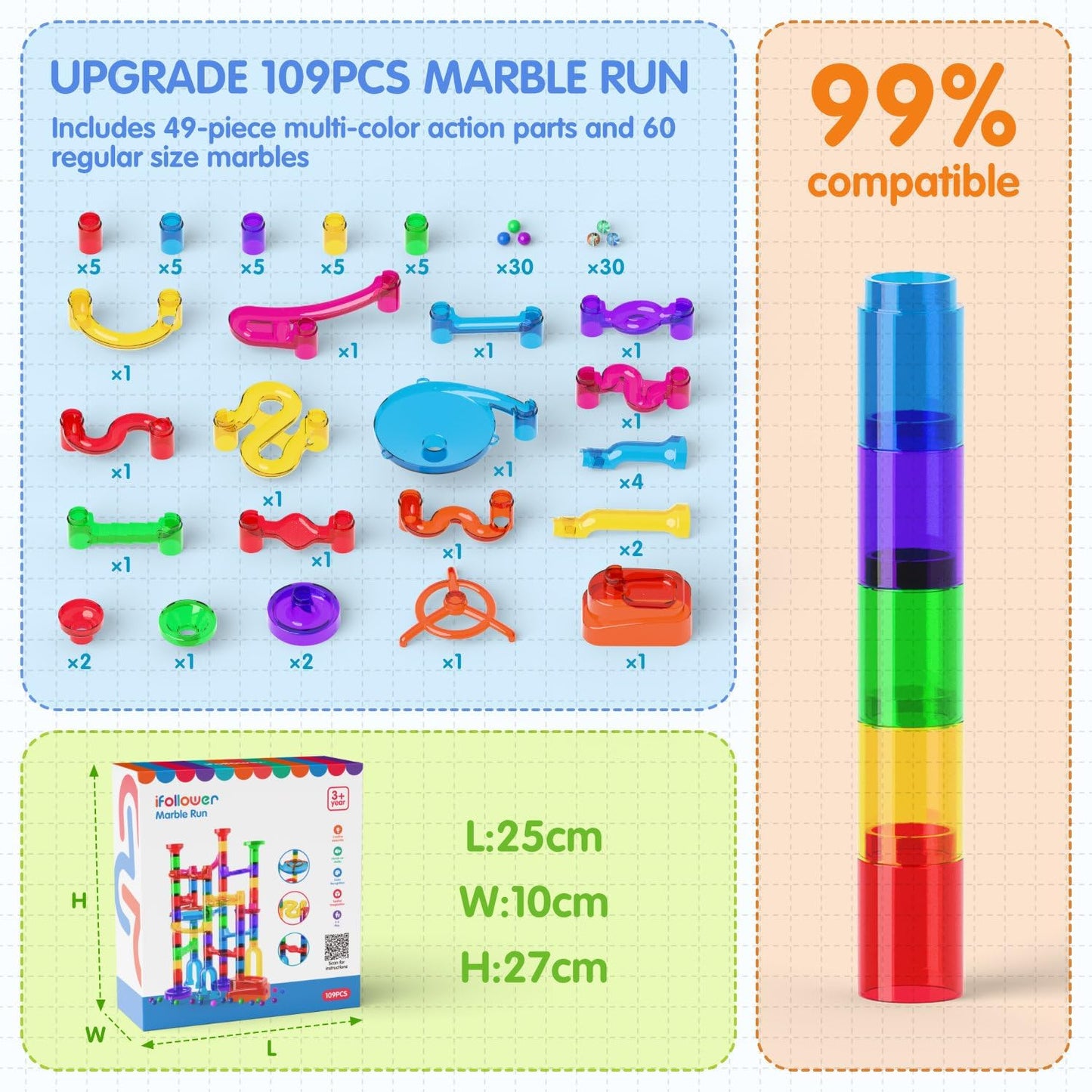 Ifollower Marble Run, 150Pcs Mable Track Race Toys for Kid, Upgrade Marble Maze Game Building Blocks STEM Learning Toy, Birthday for Boys Girls Aged 3-12