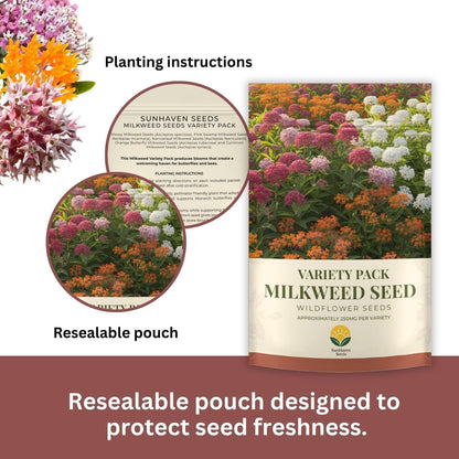 Native Milkweed Variety Pack - 5 Essential Species for Monarch Butterfly Gardens - Common, Swamp, Butterfly Weed, Showy & Narrowleaf - Non-GMO Native Wildflower Seeds for Pollinators