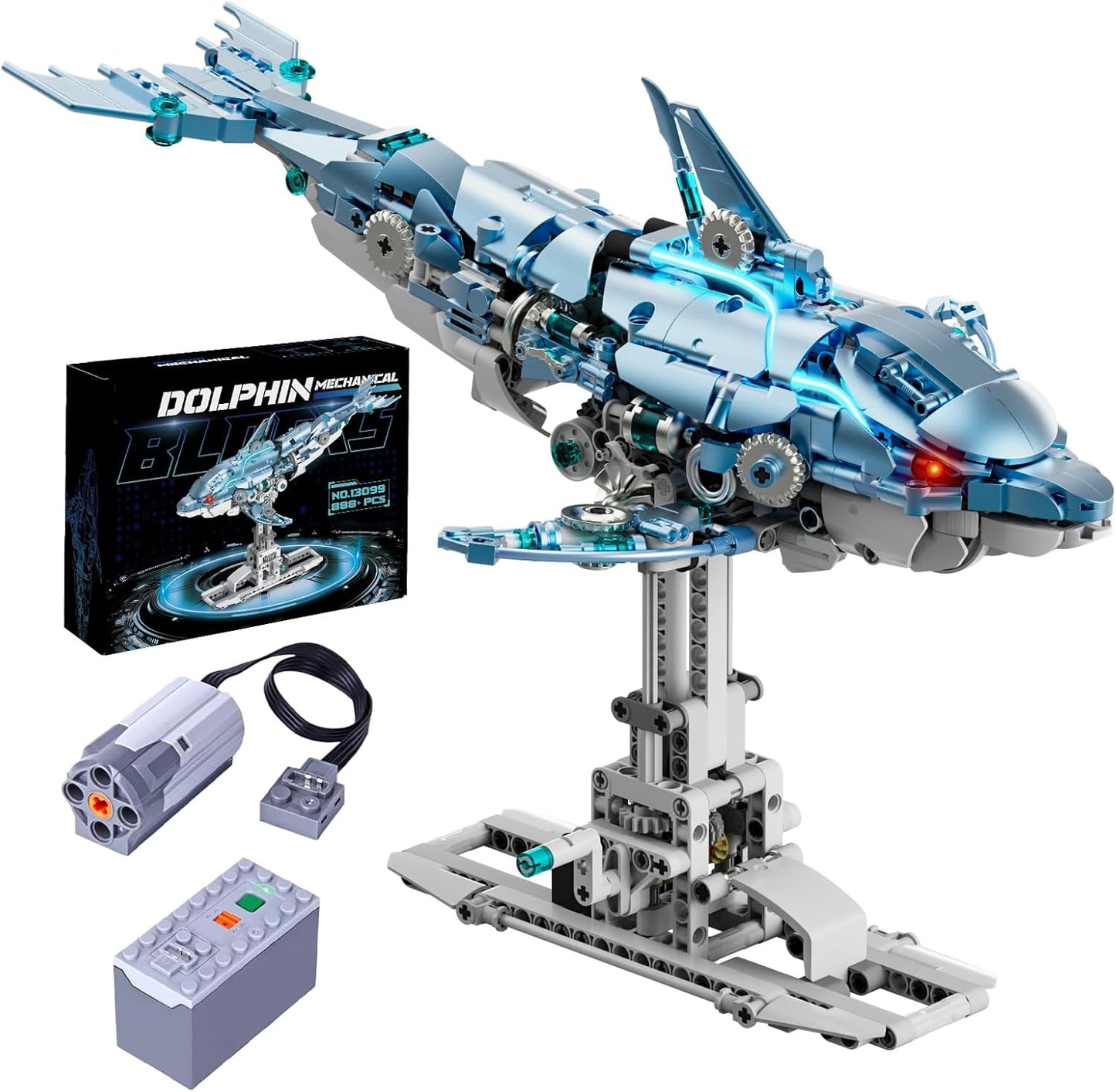 Mechanical Blue Dolphin Building Blocks Set Hand-Operated Motion, Detailed Gear Design, Display & Play Model Futuristic Ocean Animal Model