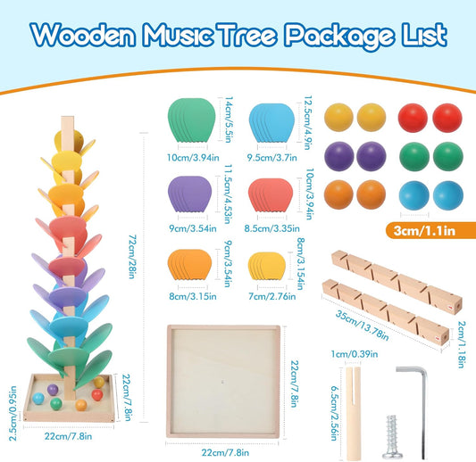 Wooden Marble Run Music Tree, Tumble Leaf Montessori Rainbow Singing Tree with Sound, Includes 12 Extra-Large 3cm Marbles Ball for Safer Play, Color Sorting STEM Learning Toy, Gift for Kids