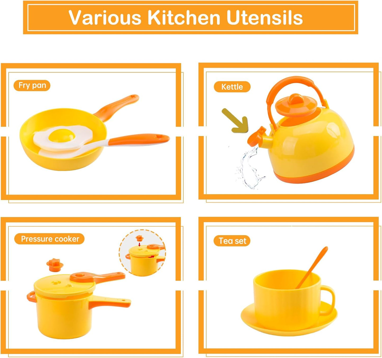 56Pcs Mini Play Kitchen Accessories for Kids, Pretend Cooking Playset with Cookware, Tableware & 2 Fruit Sets, Learning Gift for Girls, Boys, Toddlers, Yellow