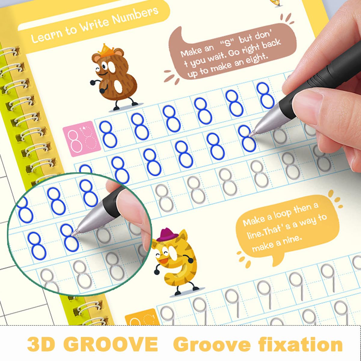 4 Pcs Reusable Grooved Handwriting Practice Books, Magic Practice Copybook with Disappearing Ink Pens Pencil Grips, Handwriting Workbook Letter Tracing Books for Kindergarten Preschool Kids Age 3-8