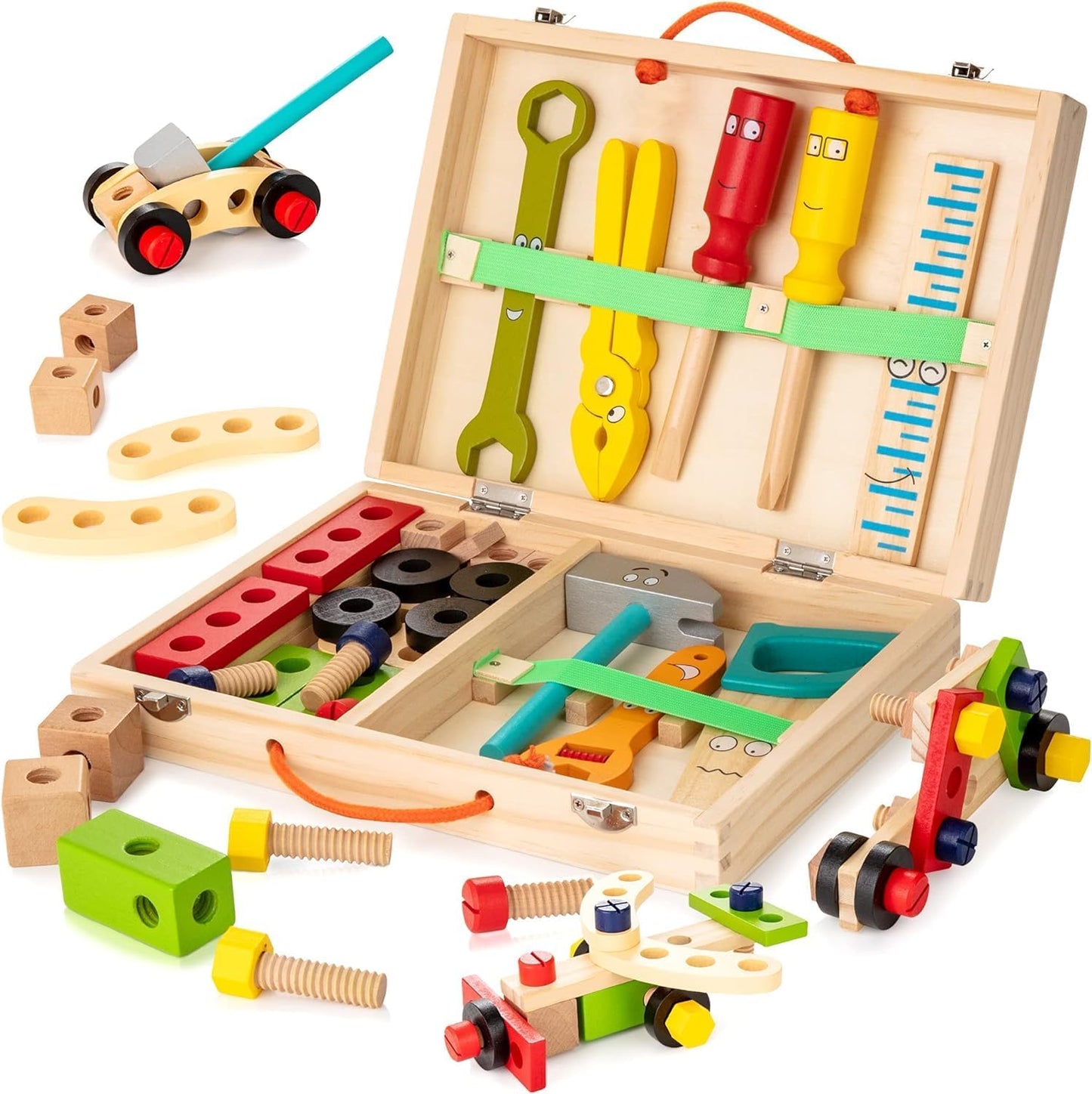 WOOOMAM Kids Tool Set, 90 PCS Wooden Toddler Tool Set with Box and Flash Cards, Tool Kit for Kids Age 3-5 Years, Toddler Boy Toys, FSC Certified Material