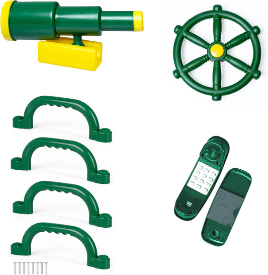 Barcaloo Playground Equipment Bundle Set with Kids Pirate Telescope, Pirate Steering Wheel & Flags, Jungle Gym Playset Accessories for Backyard Swings, Playground Set for Backyards