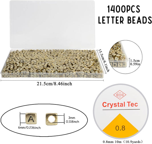 1400Pcs Square Letter Beads, Gold on Multicolor Large Hole 6x6mm Acrylic Alphabet Beads for Friendship Bracelets Making with Elastic Cord