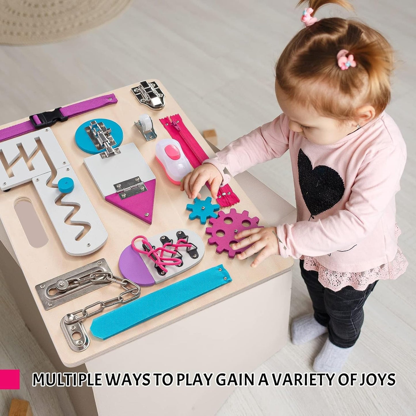 Montessori Busy Board for Toddlers, Wooden Sensory Toys, Preschool Learning Activities for Fine Motor Skills Travel Toy, Basic Life Skills Educational Gifts for 1 2 3 Years Old Kids Boys Girls