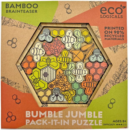 Bumble Jumble Tangram Puzzle, 23-Piece Wooden Brain Teaser, Eco Bamboo Hive Pack It in for Adults & Kids, Logic Desk Game & Quick Thinking Challenge