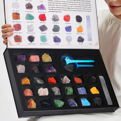 Rock Collection for Kids, 25PCS Crystal Gem Mineral Collection Set Box Gift for Boys and Girls, Natural Gemstone with Learning Guide Education Set