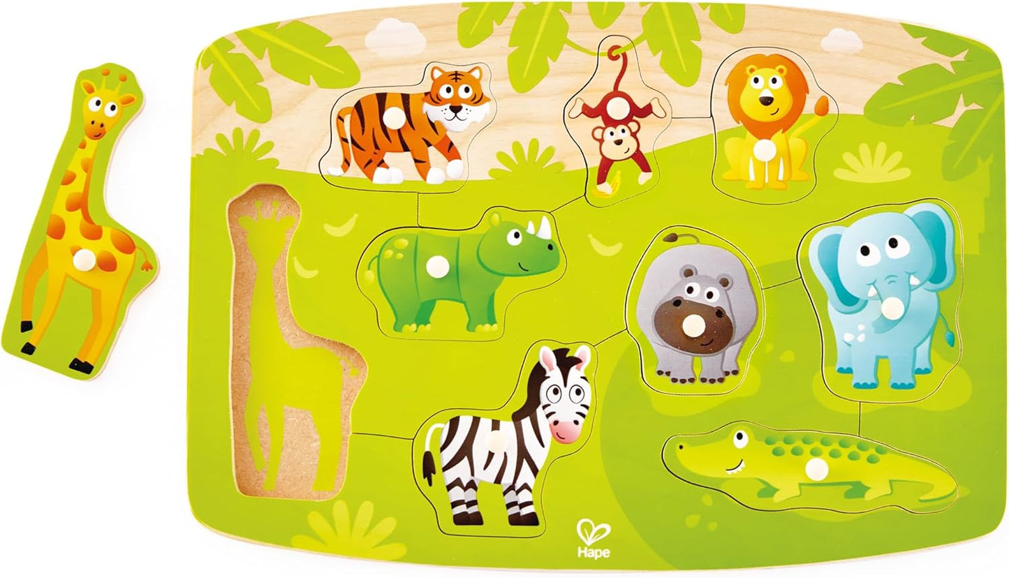 Hape Construction Peg Puzzle| 10 Piece Wooden Peg Jigsaw Puzzle Game, Learning Toy for Toddlers