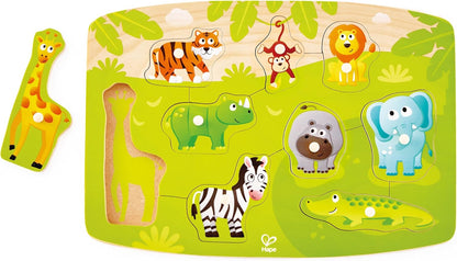 Hape Construction Peg Puzzle| 10 Piece Wooden Peg Jigsaw Puzzle Game, Learning Toy for Toddlers