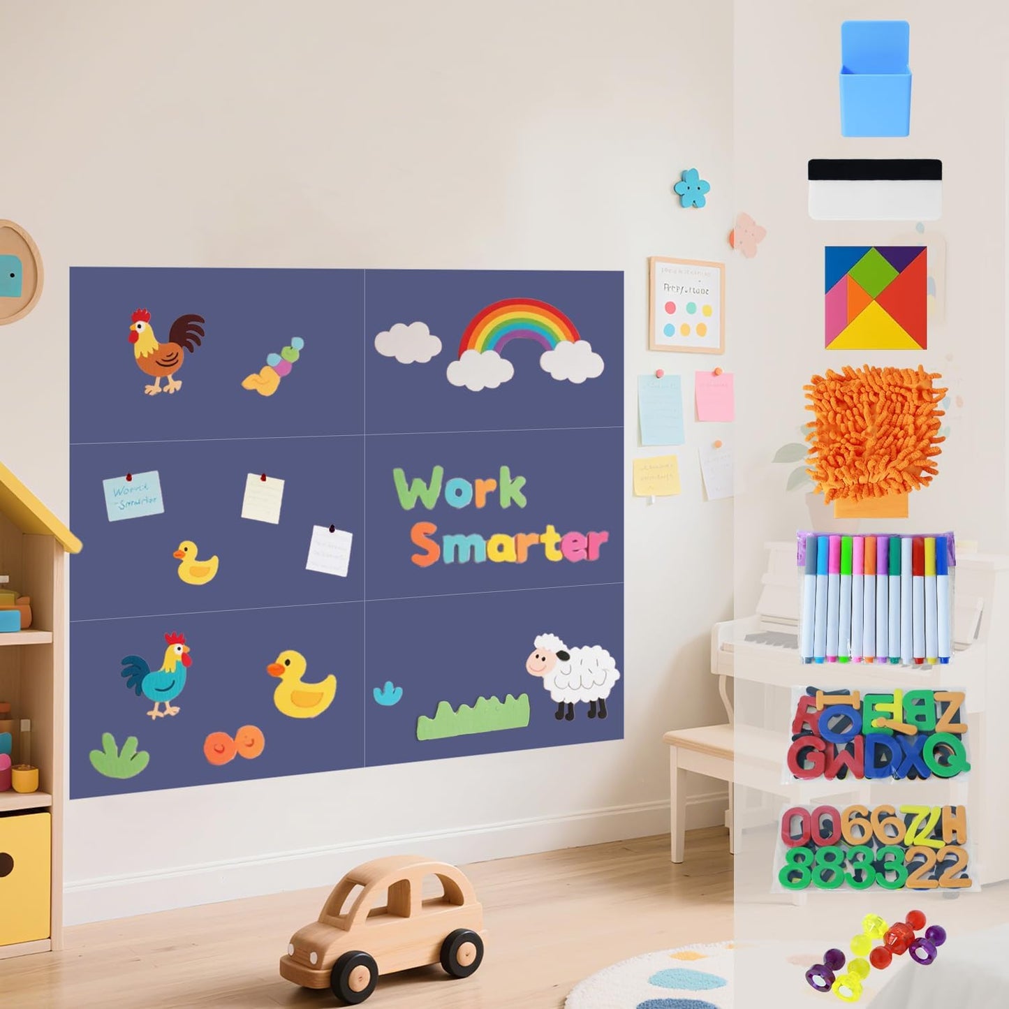 Magnetic Decal Wall for Kids Set of 6 Milk Tea Magnetic Chalkboard for Wall Peel and Stick Magnet Sheets with Chalk Tangram Puzzle and Multiple Accessories Magnetic Wall Decal for Playroom Home