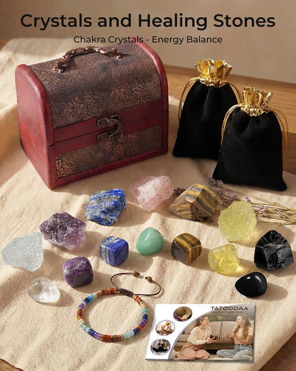 Crystals and Healing Stones, 9 Pcs Healing Crystals Set, 7 Chakra Crystal Stones Set Real Natural Selenite Pyramid Reiki Raw Rock Energy Protection Meditation with Wooden Box, Crystal Gifts for Women