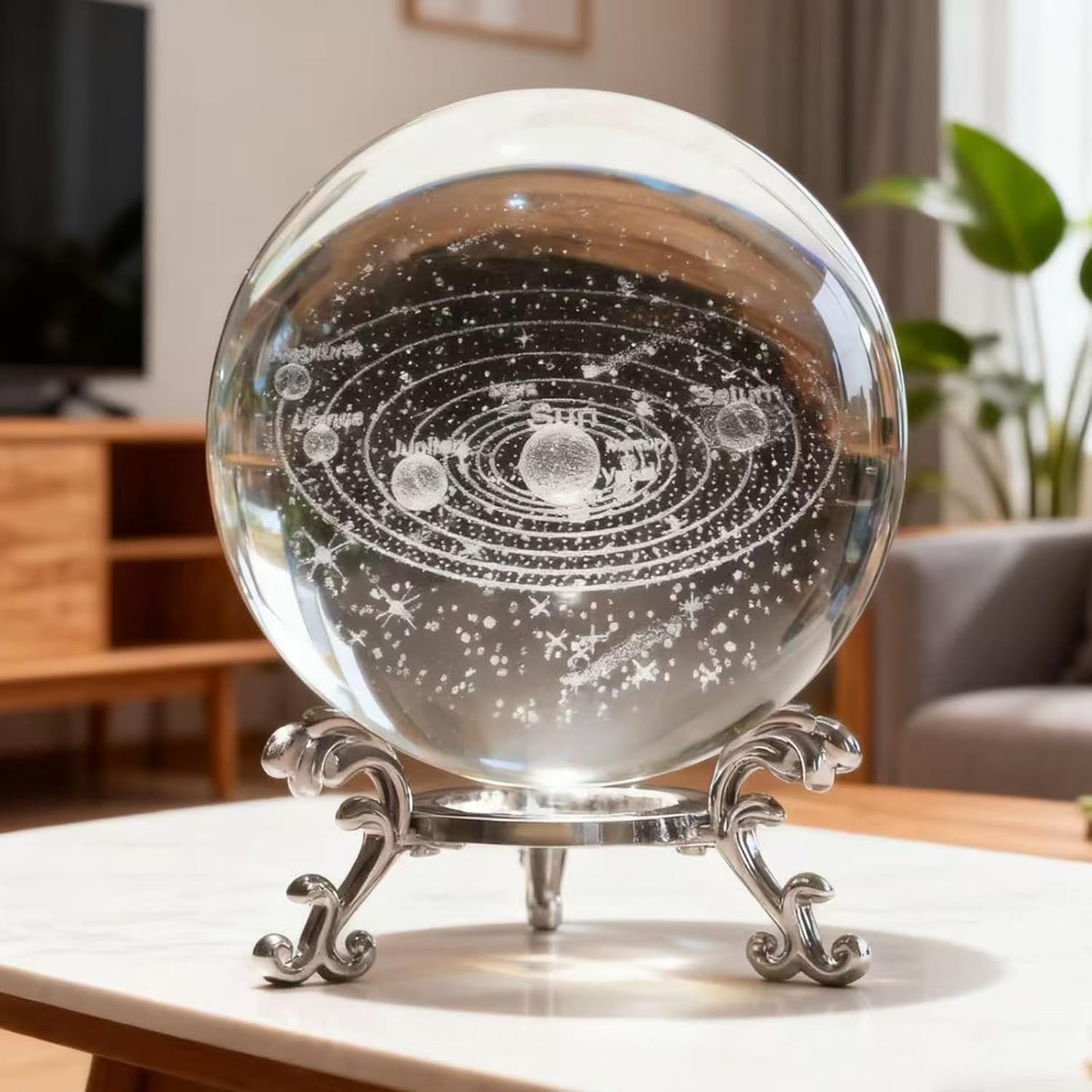 3D Solar System Crystal Ball with Stand 60mm Laser Engraved Glass Sphere Planet Model Decor Space Universe Gifts for Astronomy Lovers