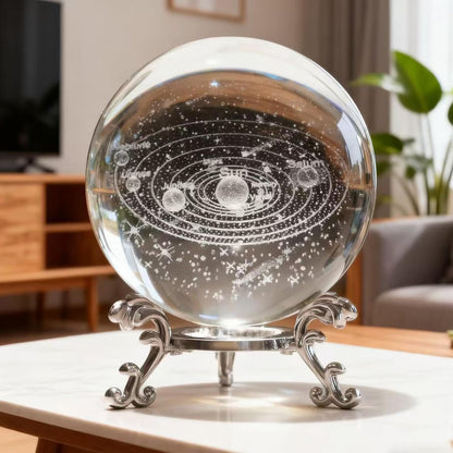 3D Solar System Crystal Ball with Stand 60mm Laser Engraved Glass Sphere Planet Model Decor Space Universe Gifts for Astronomy Lovers
