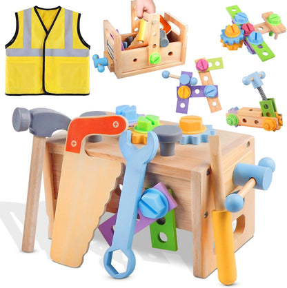 Aliex 38PCS Kids Wooden Truck Tool Set with Toy Drill for Toddlers Ages 3 4 5 6,Montessori STEM Educational Learning Construction Workbench Pretend Play Tool Kit,Birthday Sensory Gift for Boys Girls